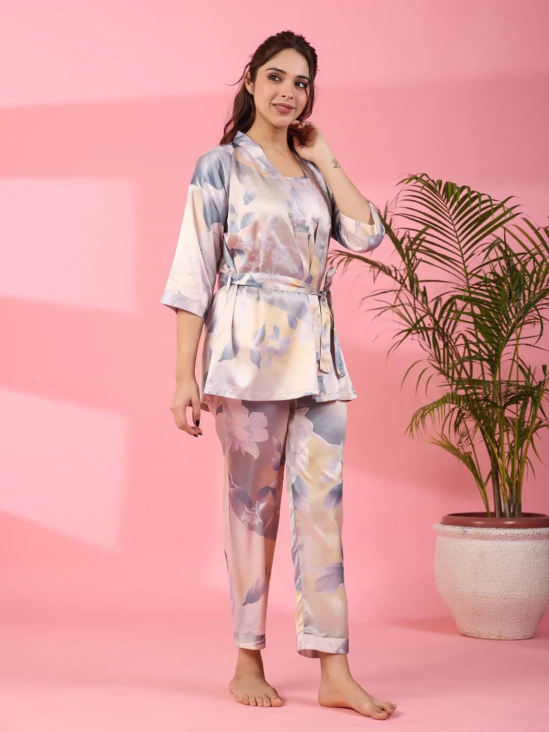 Gomachi Women's 3-Piece Poly Satin Night Suit