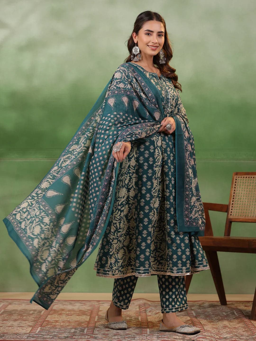 Gomachi Women's Set Of Pure Cotton 3 Pcs Teal Colour Flared Printed Kurta Sets