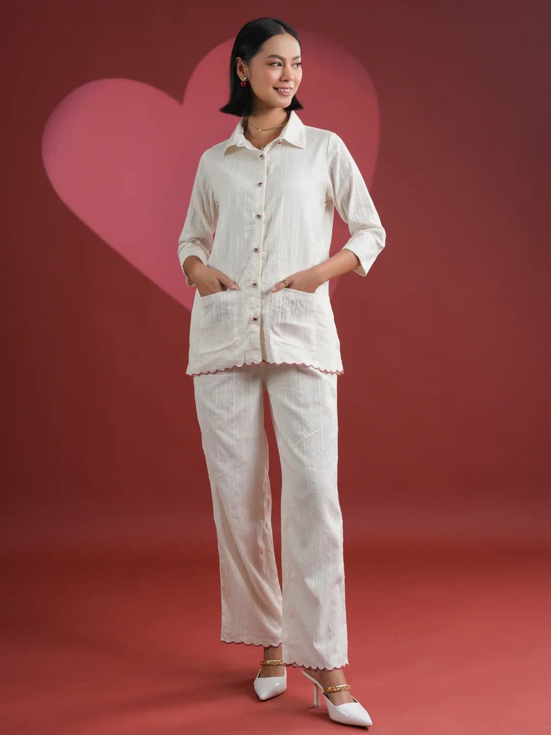 Gomachi White Solid Print Cotton Night Suit Set