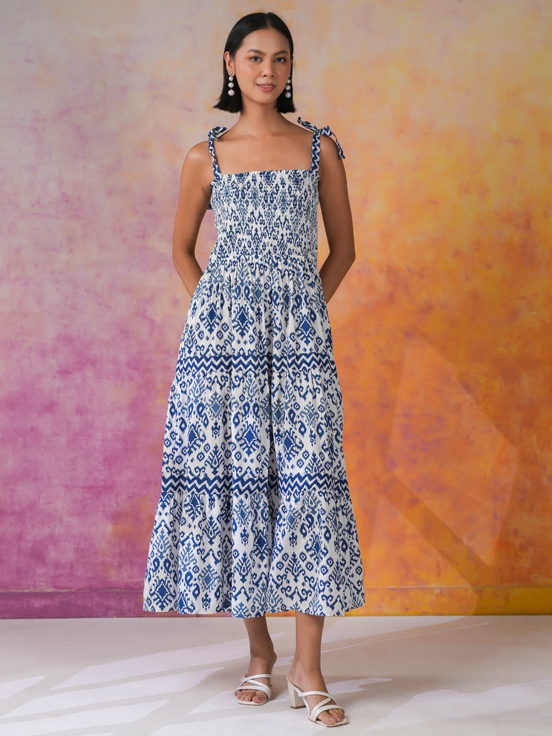 Gomachi Women's Blue Printed Square Neck Dress