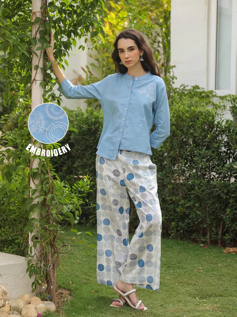 Gomachi Women's Blue Mandarin Collar Pure Cotton Shirt Dyed Co-Ord Set