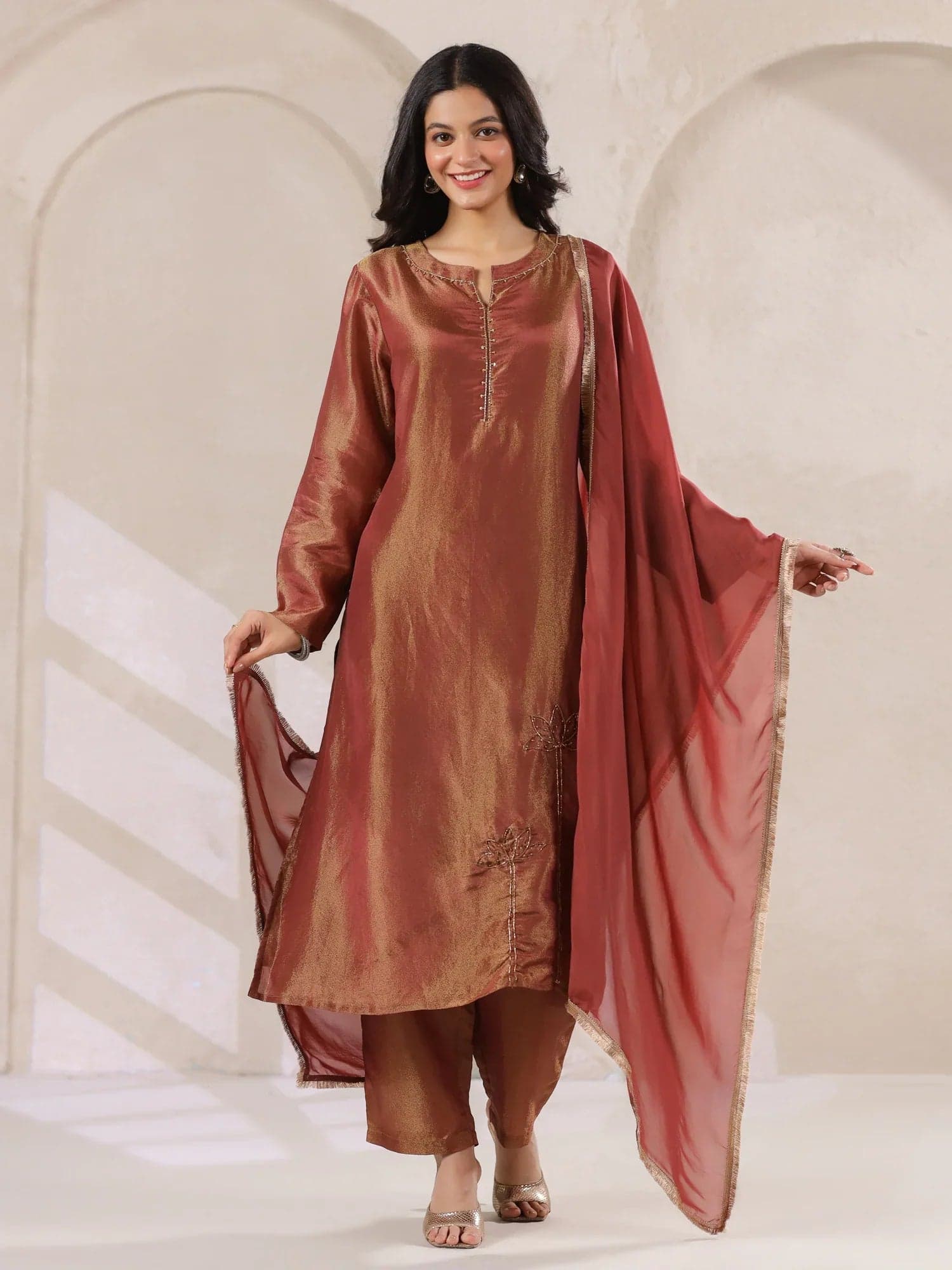 Gomachi Women's Maroon Tissue Kurta With Straight Pants And Dupatta Set