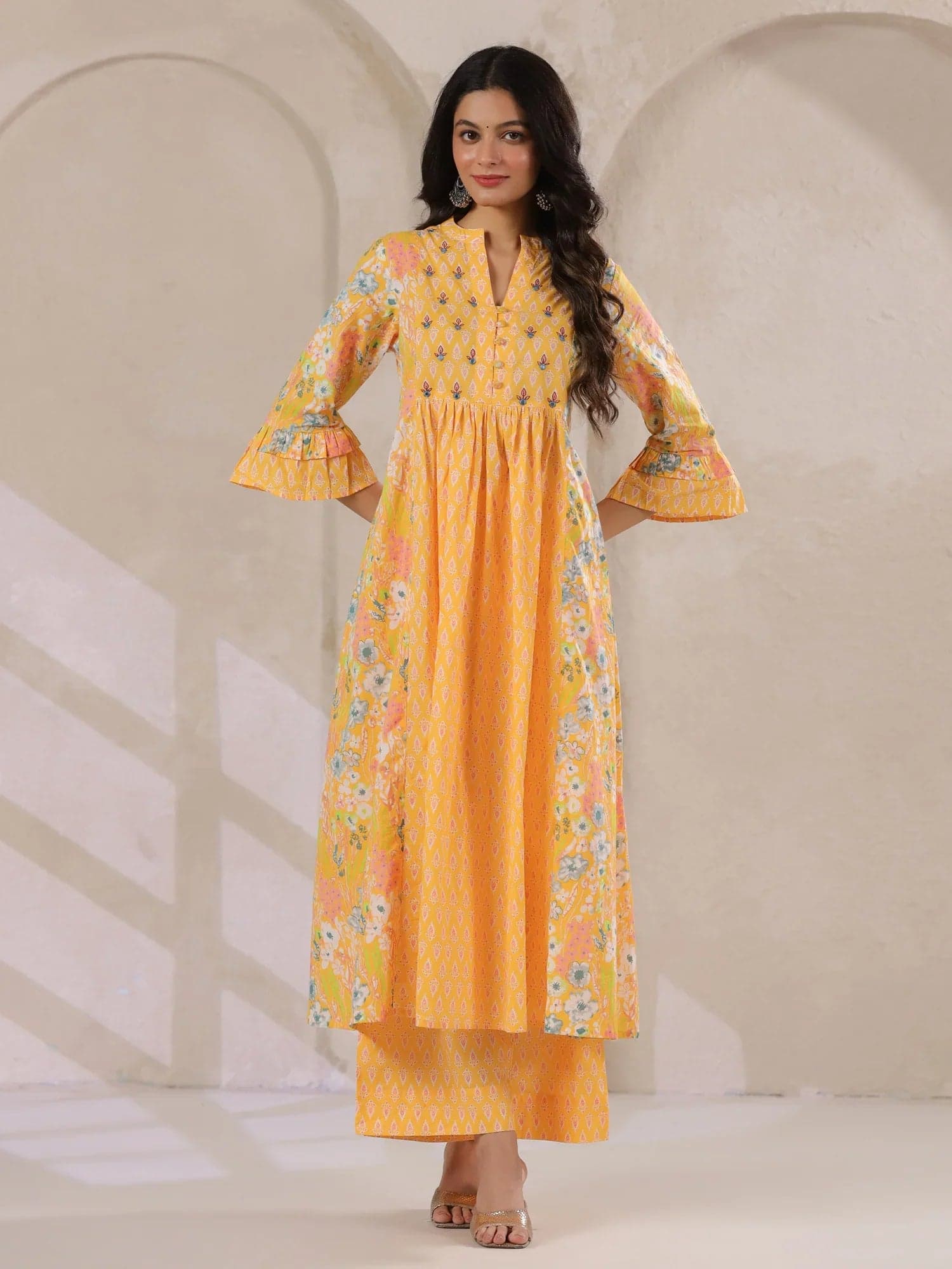 Gomachi Women's Yellow V-Neck Cotton Kurta With Floral Print And Palazzos